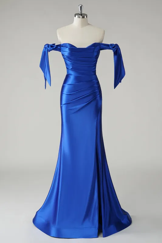 Royal Blue Mermaid Off The Shoulder Ruched Corset Long Prom Dress with Slit sold by Wedtrend