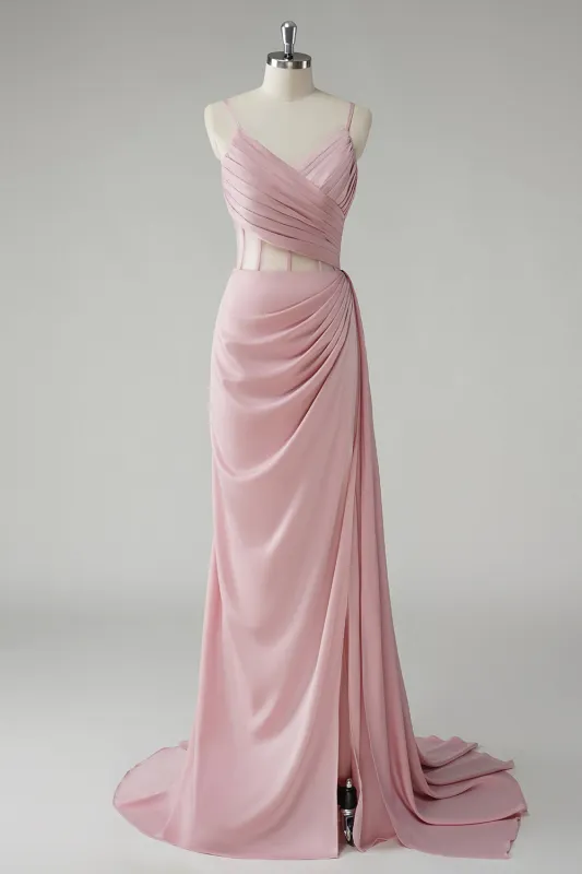 Blush Mermaid Spaghetti Straps Side Streamer Pleated Corset Long Prom Dress With Slit made by Wedtrend