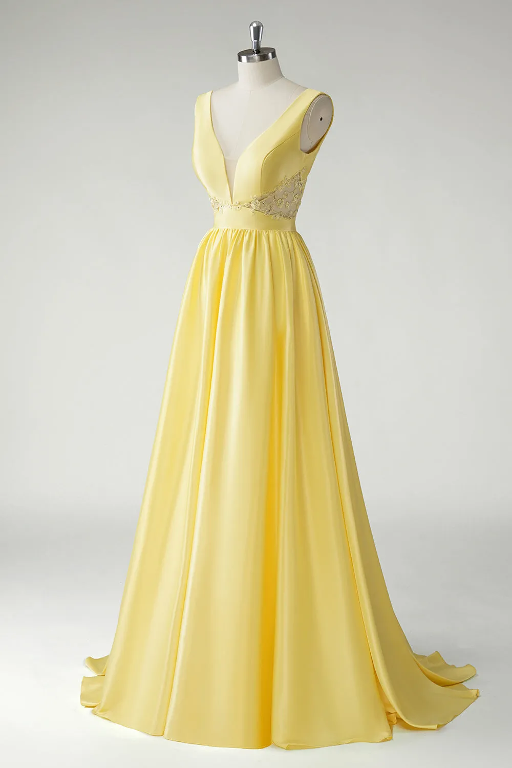 Yellow A Line Deep V Neck Cut Out Open Back Satin Long Prom Dress with Beading sold by Wedtrend product image thumbnail 3