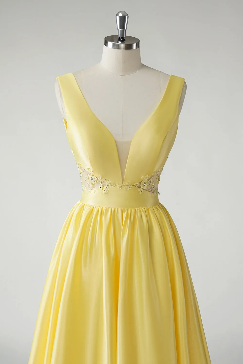Yellow A Line Deep V Neck Cut Out Open Back Satin Long Prom Dress with Beading sold by Wedtrend product image thumbnail 4