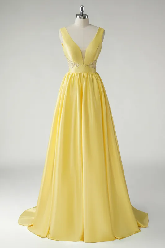 Yellow A Line Deep V Neck Cut Out Open Back Satin Long Prom Dress with Beading made by Wedtrend