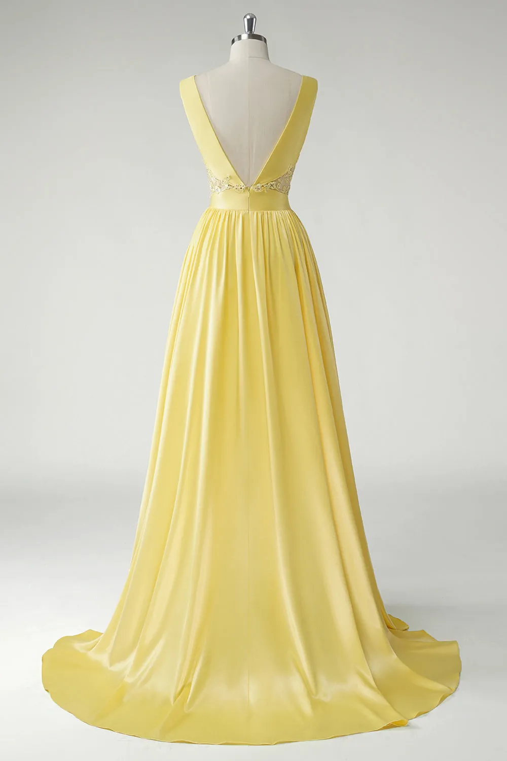 Yellow A Line Deep V Neck Cut Out Open Back Satin Long Prom Dress with Beading sold by Wedtrend product image thumbnail 2