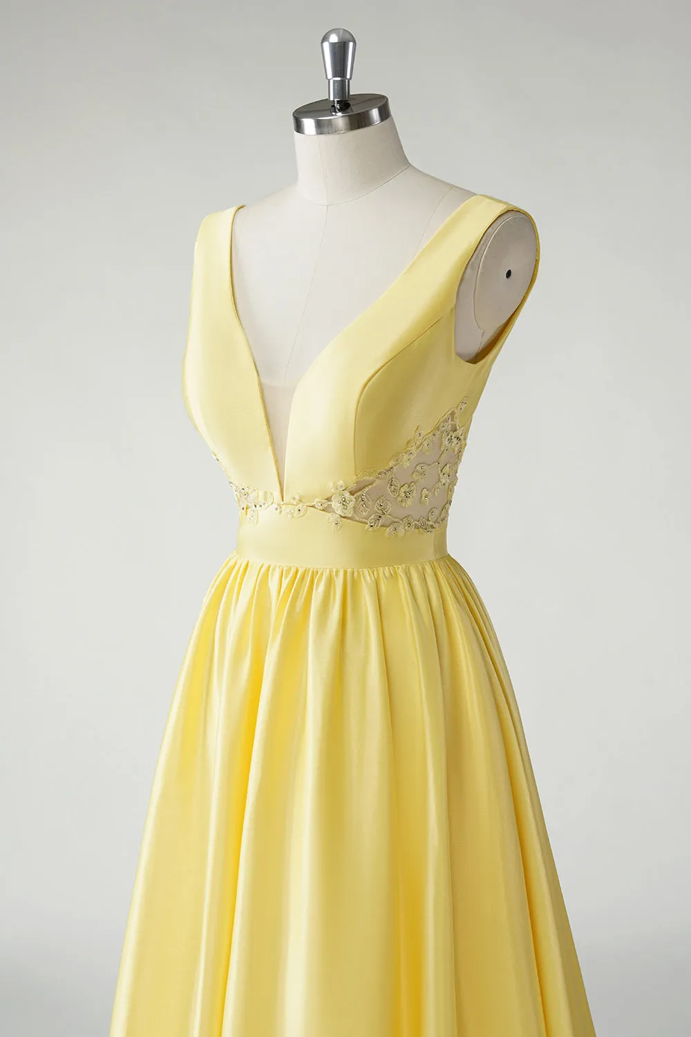 Yellow A Line Deep V Neck Cut Out Open Back Satin Long Prom Dress with Beading sold by Wedtrend product image thumbnail 5