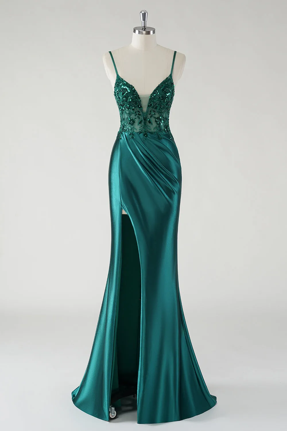 Dark Green Mermaid Spaghetti Straps Sparkly Sequin Corset Long Prom Dress with Slit sold by Wedtrend