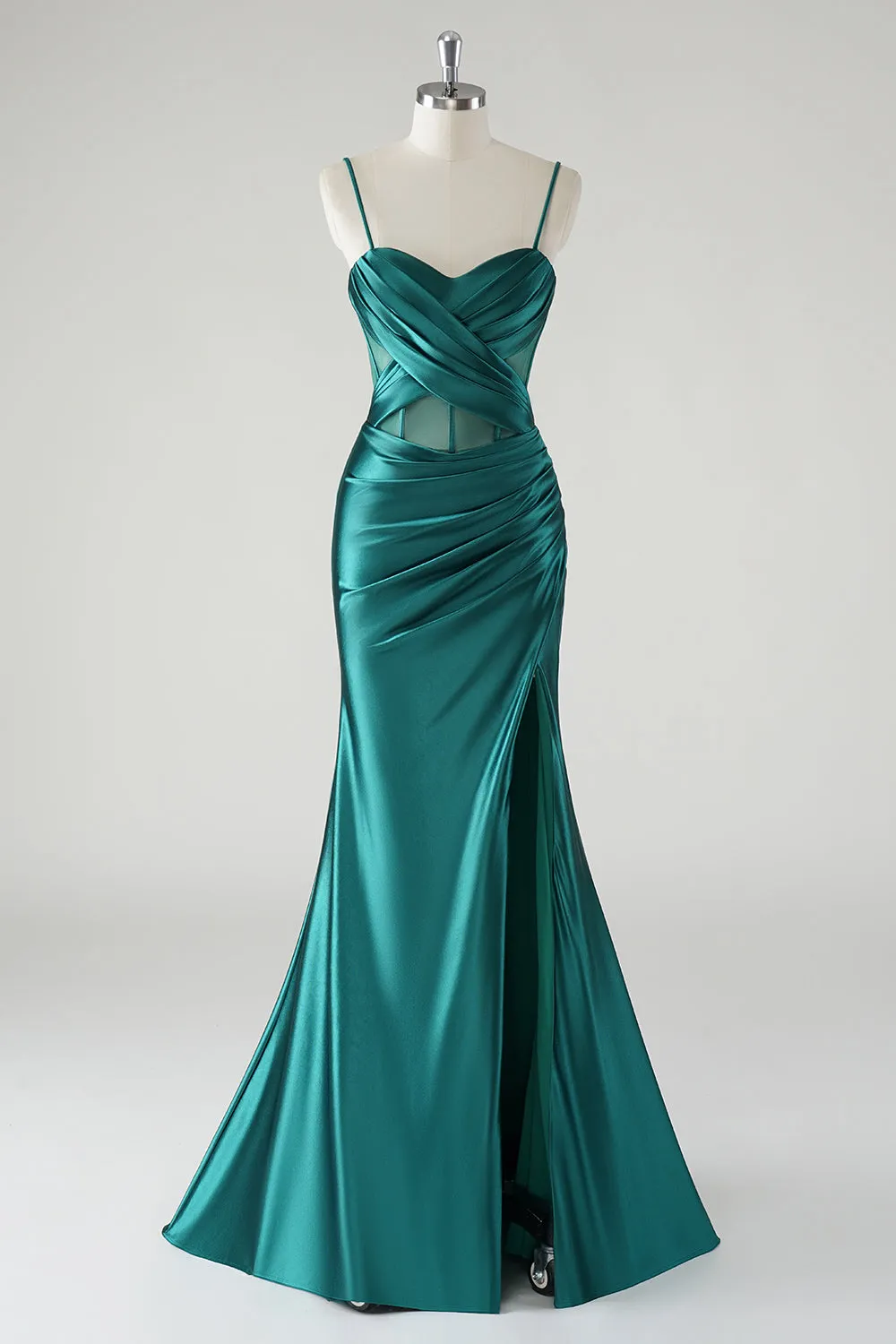 Dark Green Mermaid Spaghetti Straps Corset Long Prom Dress with Slit sold by Wedtrend