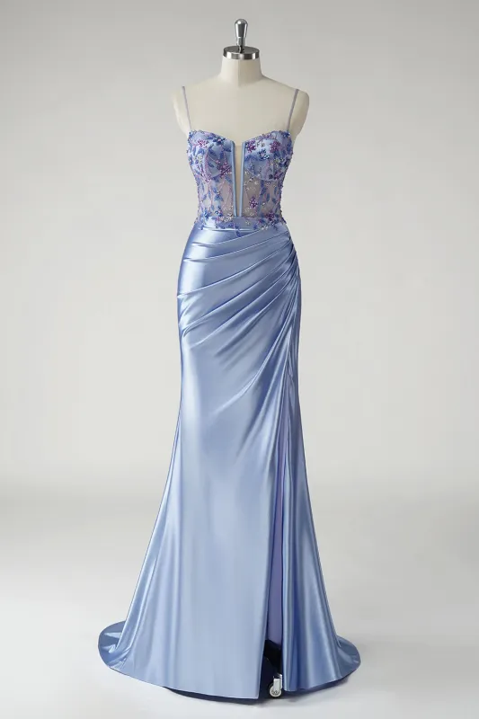 Grey Blue Mermaid Spaghetti Straps Ruched Beaded Long Prom Dress with Slit made by Wedtrend