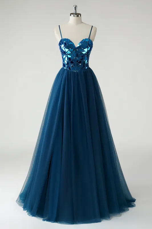 Dark Blue A Line Spaghetti Straps Broken Mirrors Tulle Corset Long Prom Dress made by Wedtrend