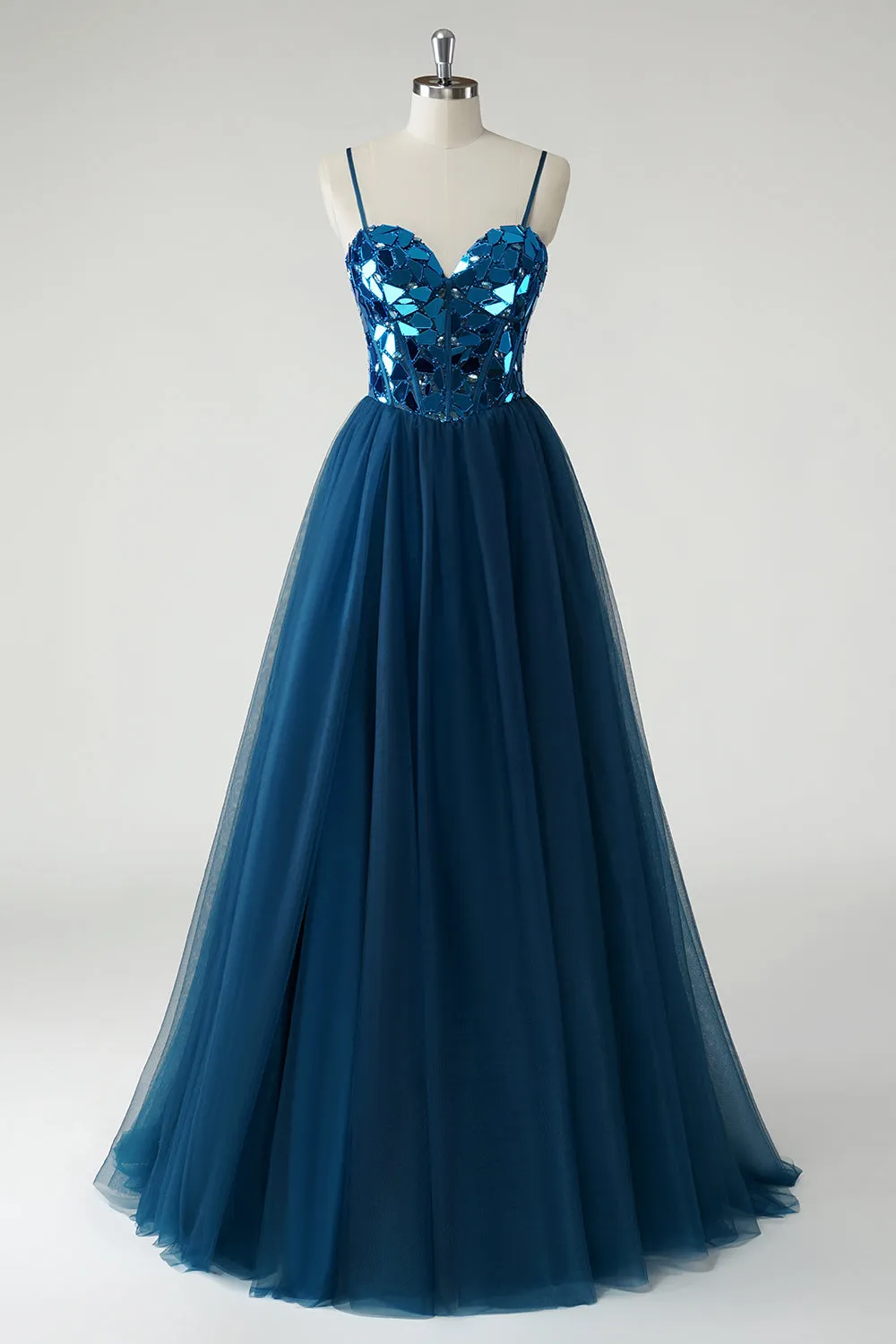 Dark Blue A Line Spaghetti Straps Broken Mirrors Tulle Corset Long Prom Dress sold by Wedtrend