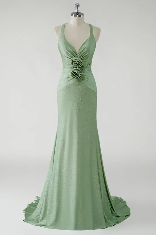 Green Mermaid V Neck Ruched Long Prom Dress with 3D Flowers sold by Wedtrend