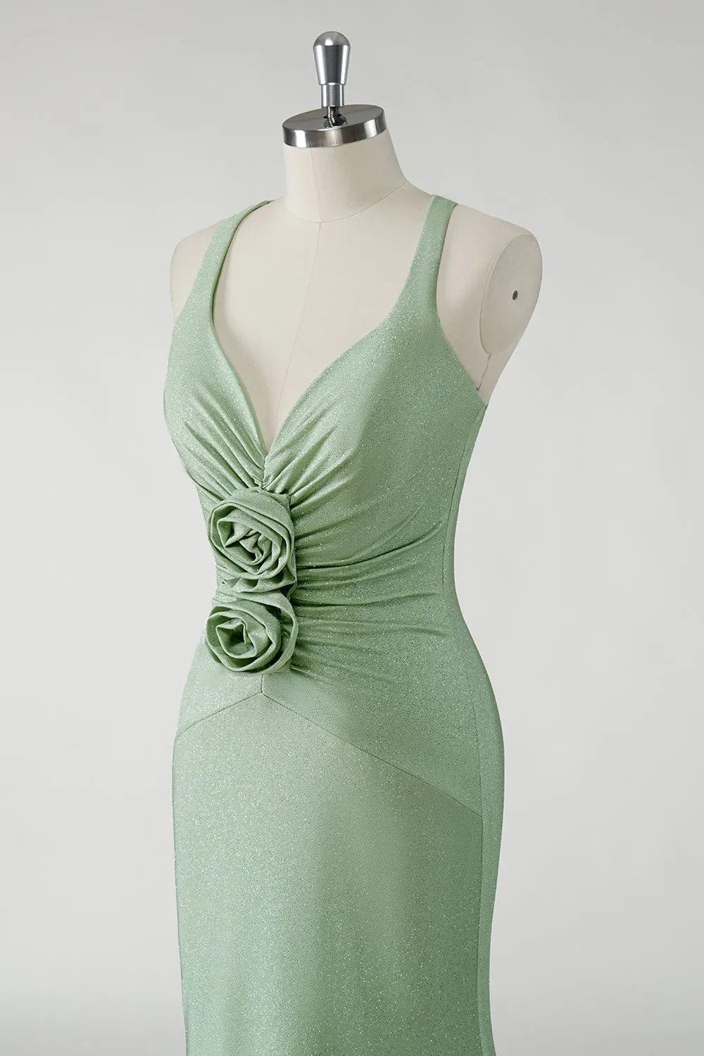 Green Mermaid V Neck Ruched Long Prom Dress with 3D Flowers sold by Wedtrend product image thumbnail 5