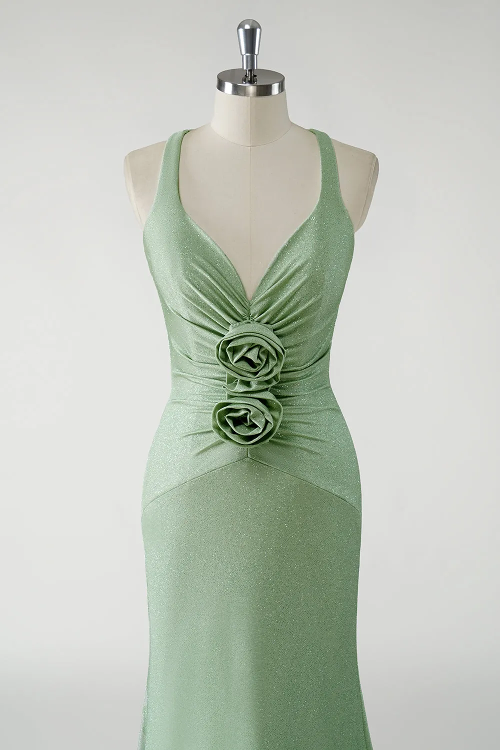 Green Mermaid V Neck Ruched Long Prom Dress with 3D Flowers sold by Wedtrend product image thumbnail 4