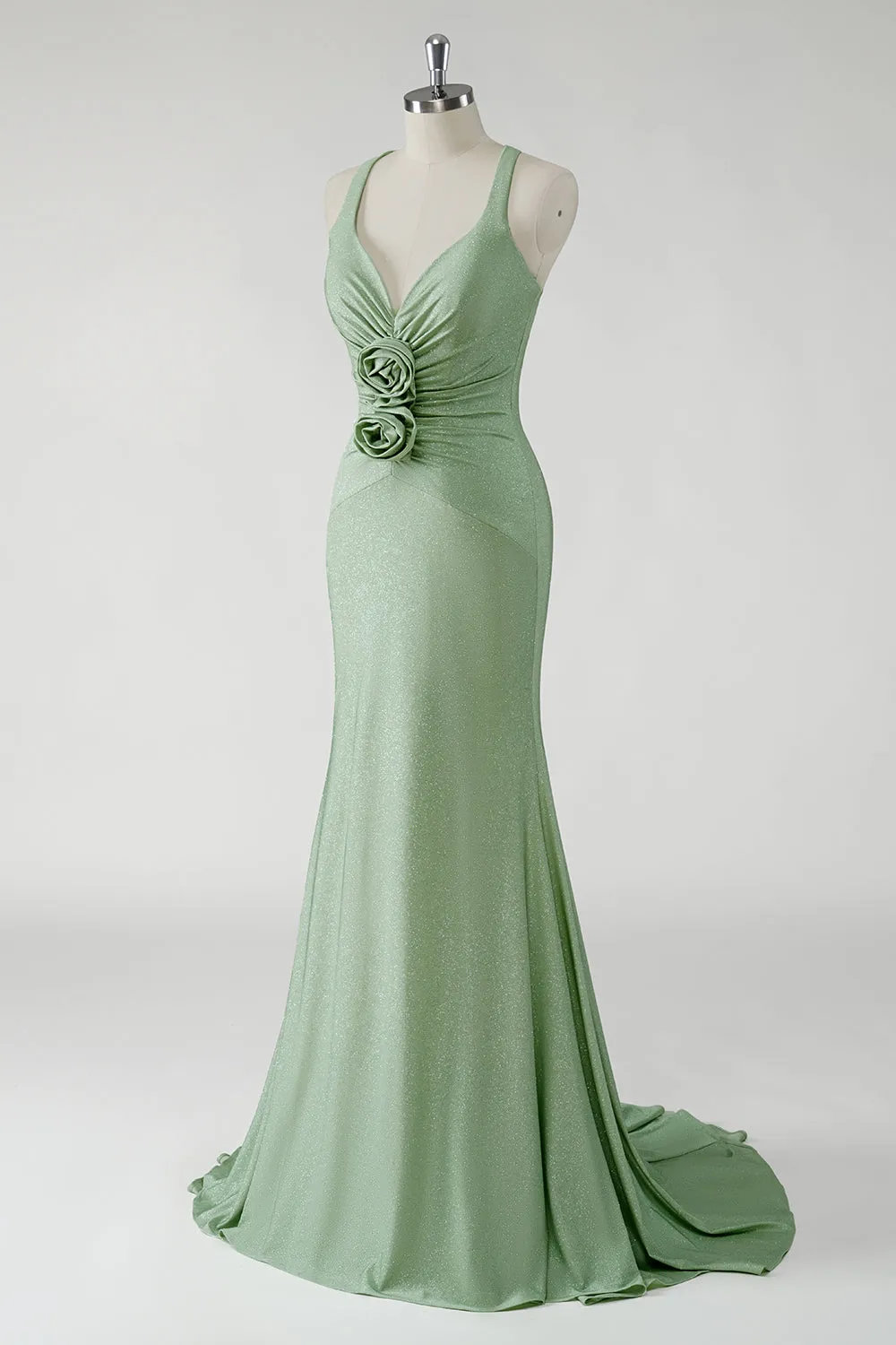 Green Mermaid V Neck Ruched Long Prom Dress with 3D Flowers sold by Wedtrend product image thumbnail 3