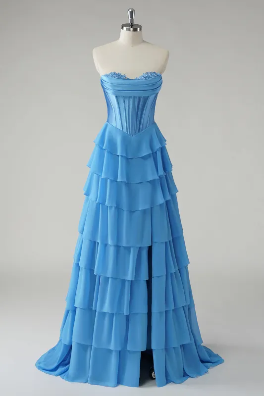 Blue A-Line Strapless Corset Ruffle Tiered Long Prom Dress with Slit sold by Wedtrend
