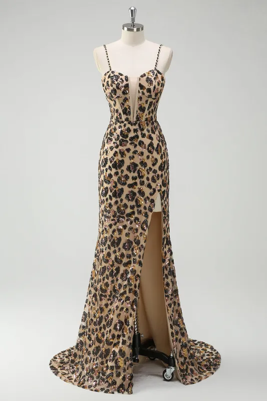 Khaki Leopard Mermaid Sparkly Sequins Spaghetti Straps Long Corset Dress with Slit made by Wedtrend