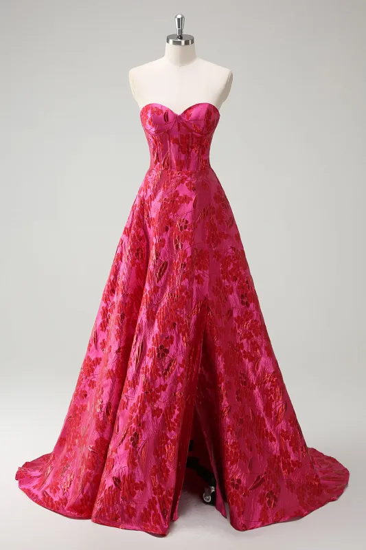 Fuchsia Floral Princess Sweetheart Jacquard Maxi Corset Prom Dress with Slit sold by Wedtrend