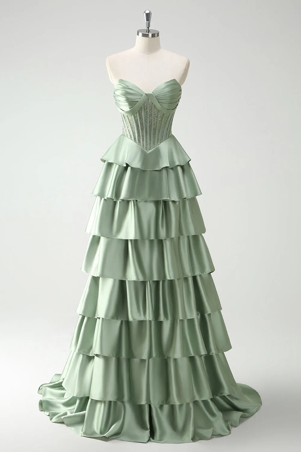 Green Princess Sweetheart Satin Tiered Corset Long Prom Dress with Slit sold by Wedtrend