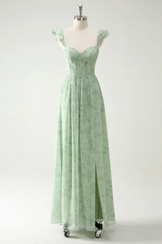 Elegant Mint Green A Line Ruffled Straps Corset Long Bridesmaid Dress with Slit made by Wedtrend