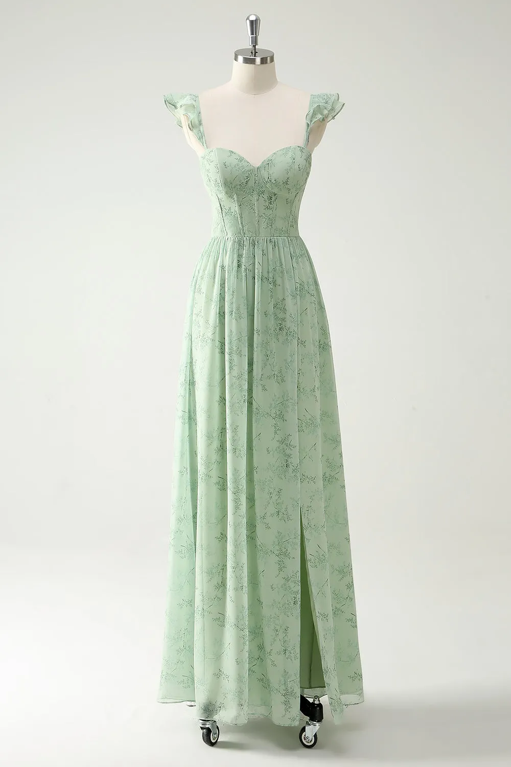 Elegant Mint Green A Line Ruffled Straps Corset Long Bridesmaid Dress with Slit sold by Wedtrend