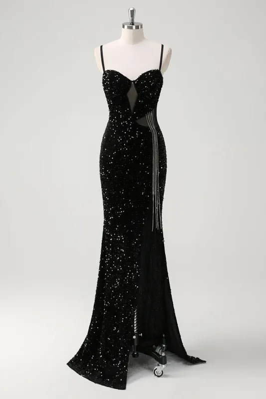 Glitter Mermaid Spaghetti Straps Beaded Long Prom Dress with Slit made by Wedtrend