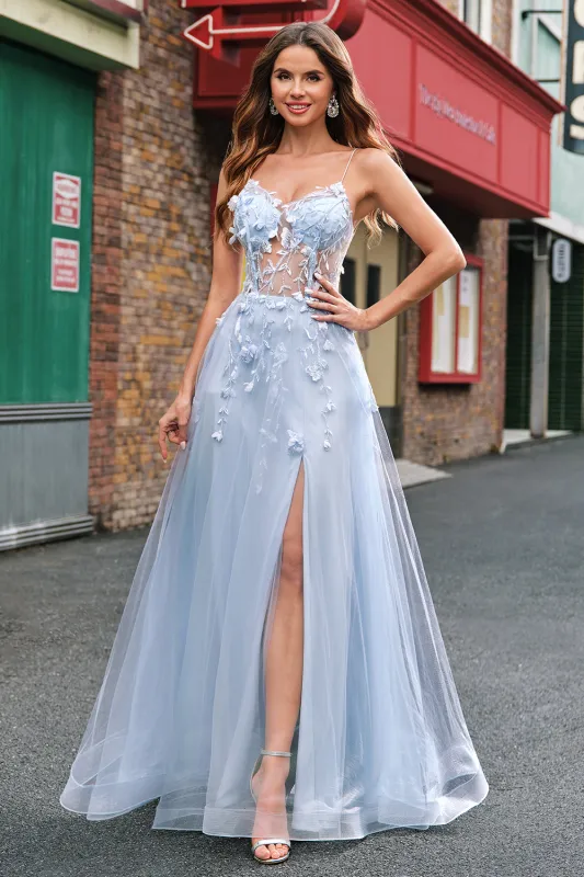 Blue A-Line Spaghetti Straps Corset Long Prom Dress With Appliques made by Wedtrend