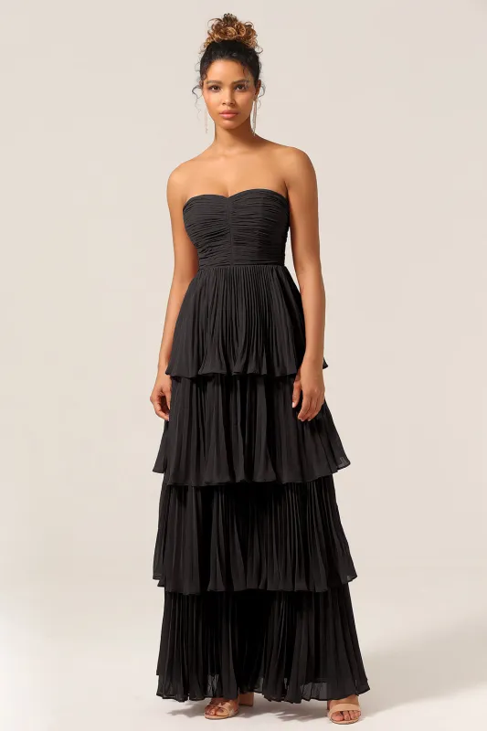 A-Line Strapless Tiered Chiffon Pleated Long Black Bridesmaid Dress sold by Wedtrend