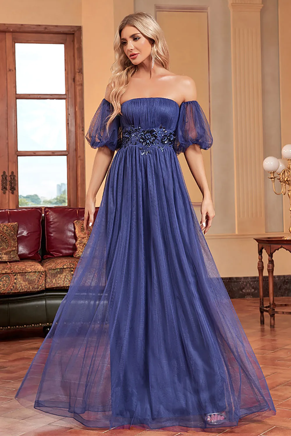 Navy A Line Removable Sleeves Pleated Long Prom Dress sold by Wedtrend