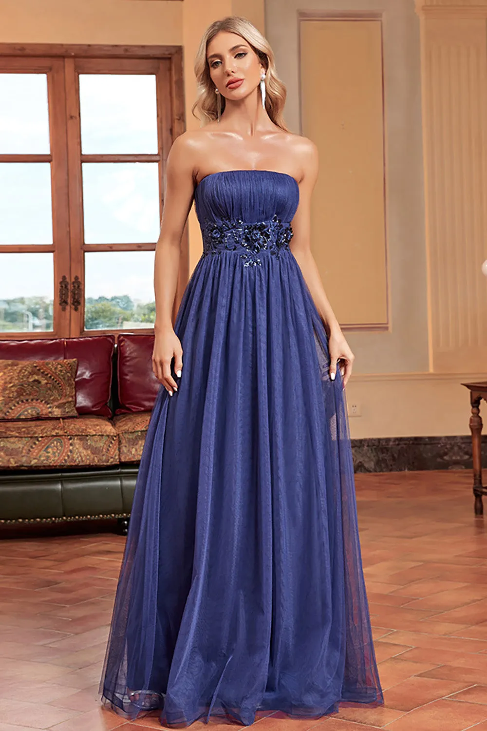 Navy A Line Removable Sleeves Pleated Long Prom Dress sold by Wedtrend product image thumbnail 3