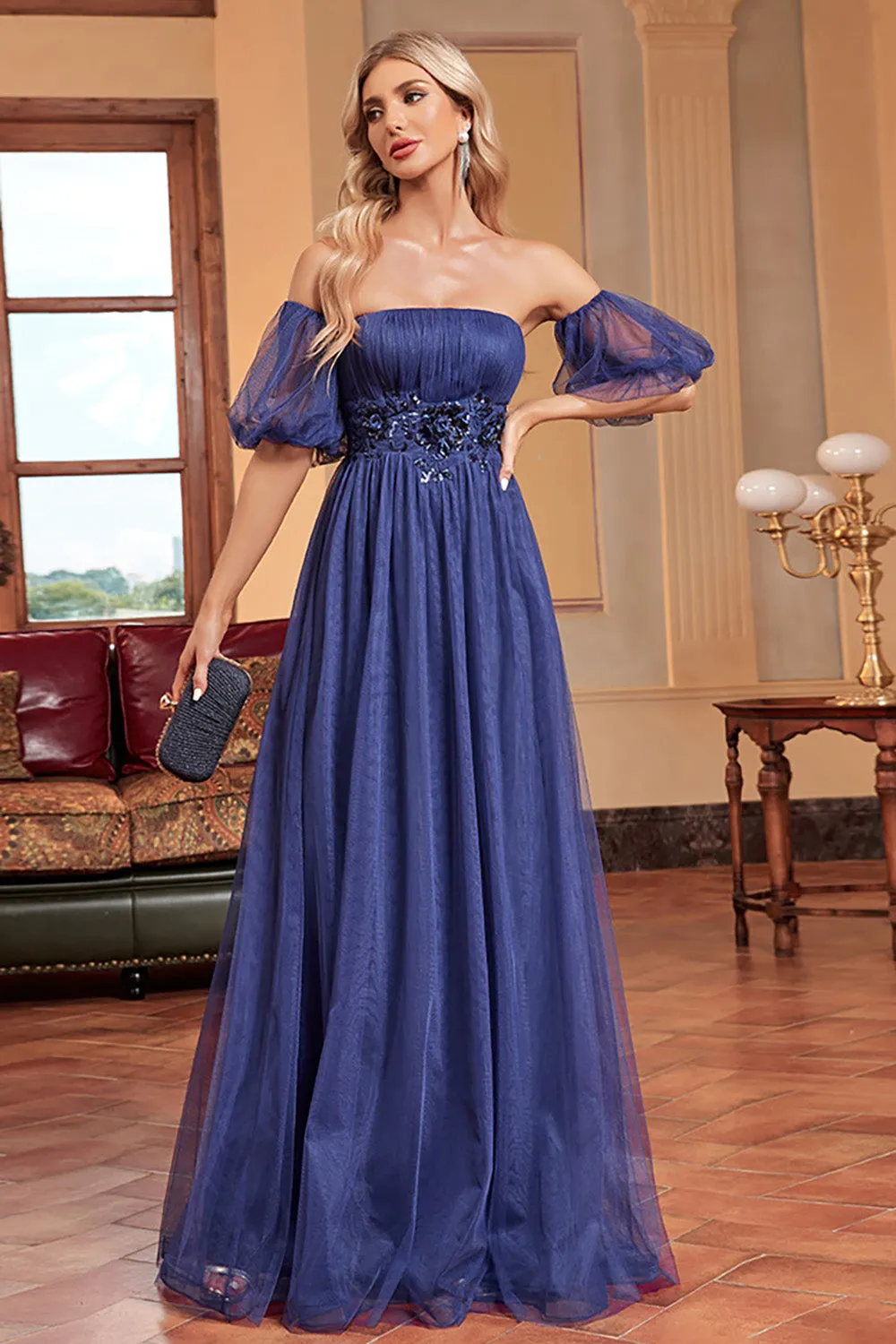 Navy A Line Removable Sleeves Pleated Long Prom Dress sold by Wedtrend product image thumbnail 4