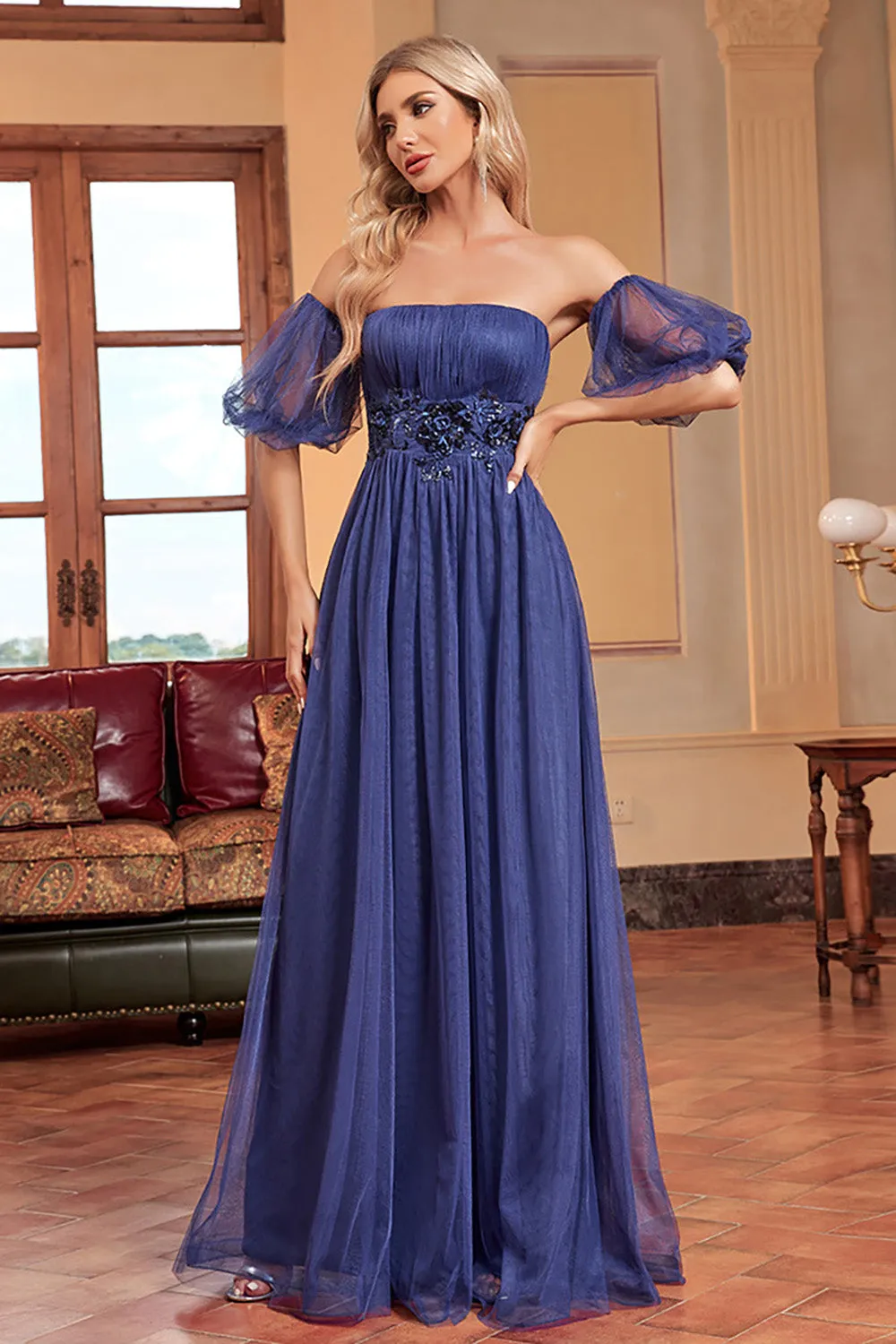 Navy A Line Removable Sleeves Pleated Long Prom Dress sold by Wedtrend product image thumbnail 5