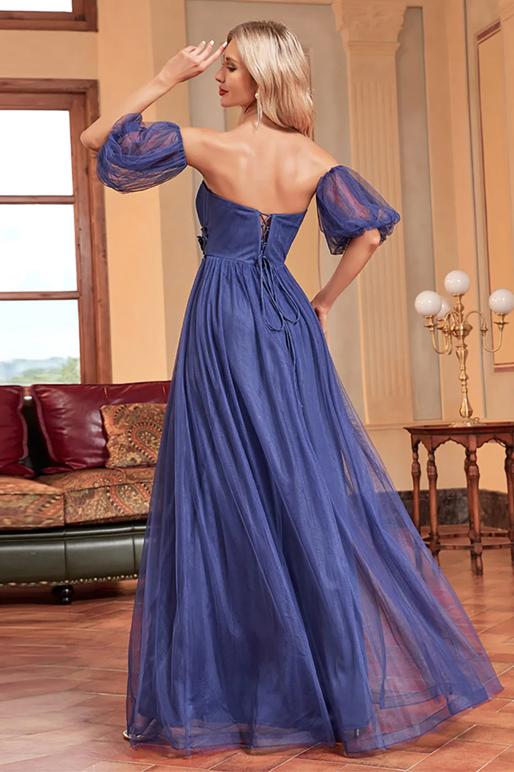 Navy A Line Removable Sleeves Pleated Long Prom Dress sold by Wedtrend product image thumbnail 2