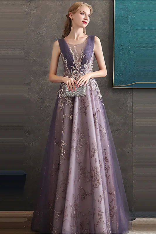 Purple A-Line Round Neck Tulle Long Prom Dress sold by Wedtrend
