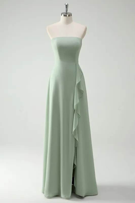 Dusty Sage A Line Strapless Chiffon Long Bridesmaid Dress with Ruffle Slit made by Wedtrend