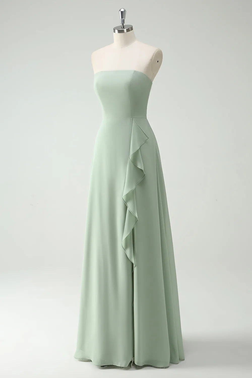 Dusty Sage A Line Strapless Chiffon Long Bridesmaid Dress with Ruffle Slit sold by Wedtrend product image thumbnail 3