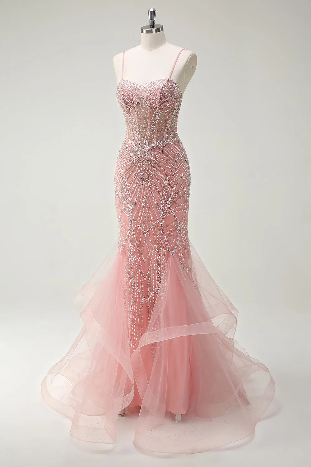 Sparkly Pink Mermaid Spaghetti Straps Sequin Corset Long Prom Dress sold by Wedtrend product image thumbnail 3