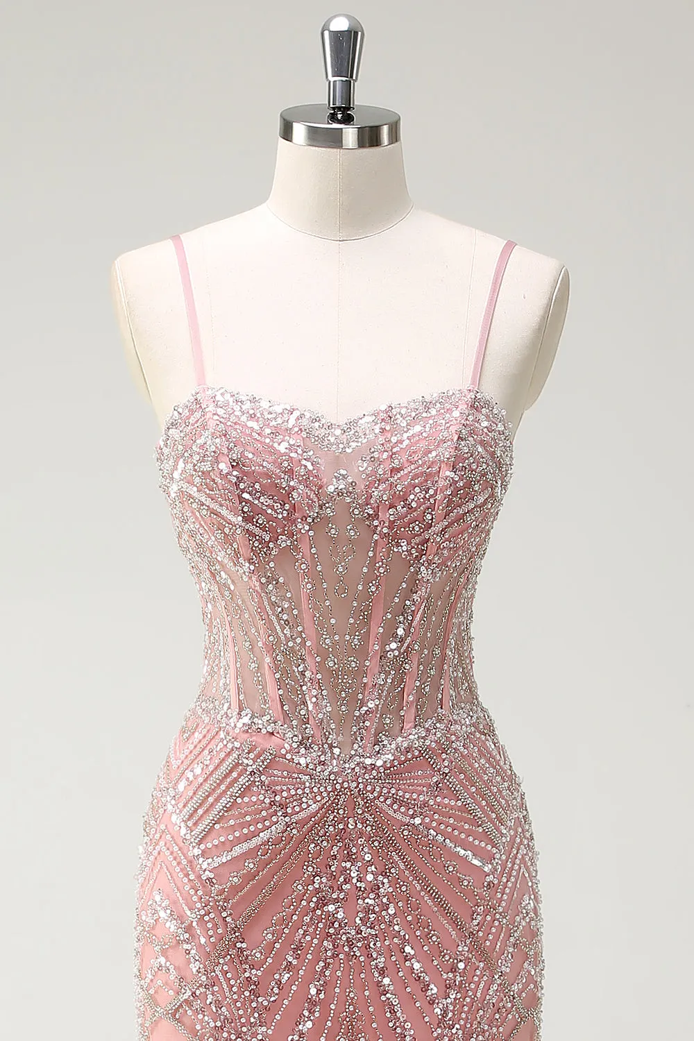 Sparkly Pink Mermaid Spaghetti Straps Sequin Corset Long Prom Dress sold by Wedtrend product image thumbnail 4