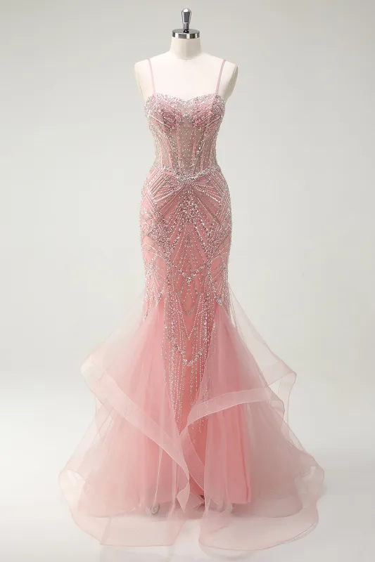 Sparkly Pink Mermaid Spaghetti Straps Sequin Corset Long Prom Dress made by Wedtrend