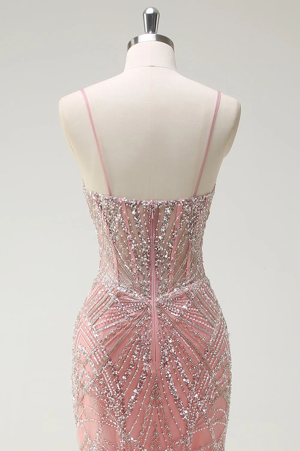 Sparkly Pink Mermaid Spaghetti Straps Sequin Corset Long Prom Dress sold by Wedtrend product image thumbnail 5