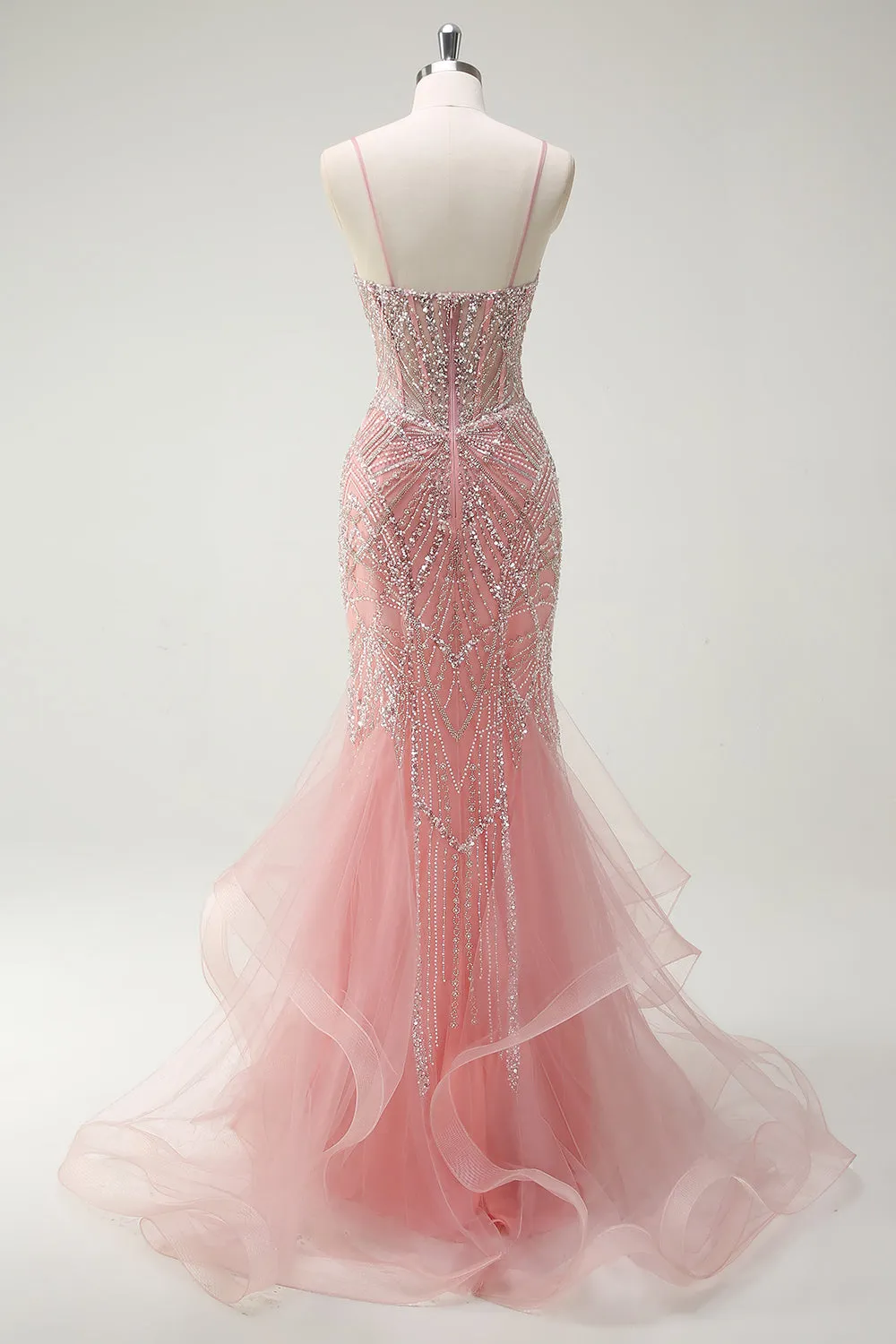 Sparkly Pink Mermaid Spaghetti Straps Sequin Corset Long Prom Dress sold by Wedtrend product image thumbnail 2