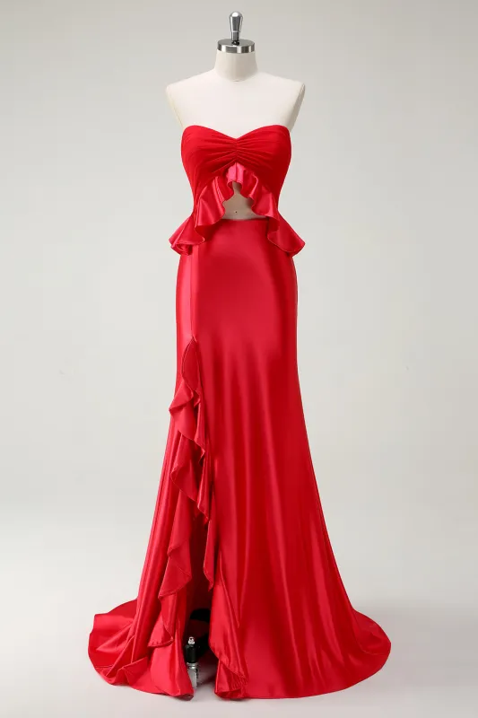 Red Mermaid Sweetheart Cut Out Long Prom Dress with Slit sold by Wedtrend