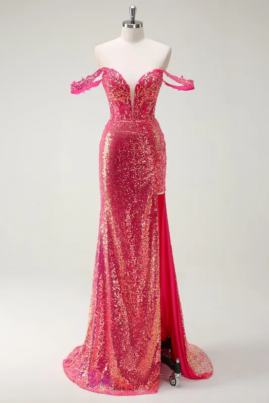 Fuchsia Mermaid Off The Shoulder Sparkly Sequin Long Prom Dress with Slit made by Wedtrend