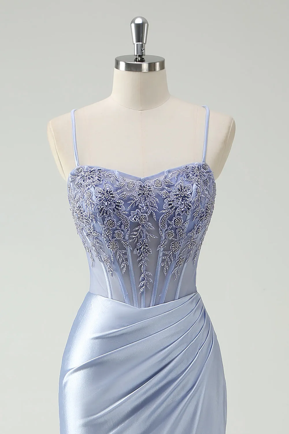 Light Blue Mermaid Spaghetti Straps Ruched Beaded Long Prom Dress with Slit sold by Wedtrend product image thumbnail 4