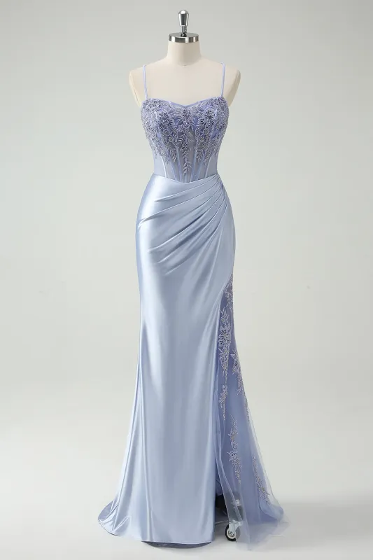 Light Blue Mermaid Spaghetti Straps Ruched Beaded Long Prom Dress with Slit made by Wedtrend