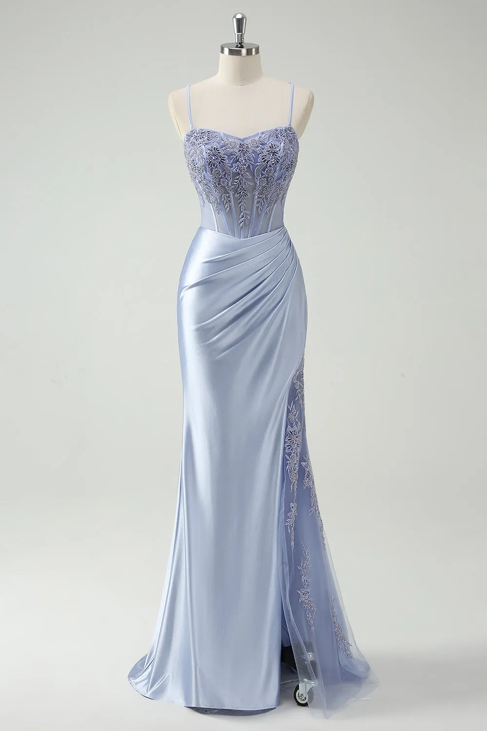 Light Blue Mermaid Spaghetti Straps Ruched Beaded Long Prom Dress with Slit sold by Wedtrend