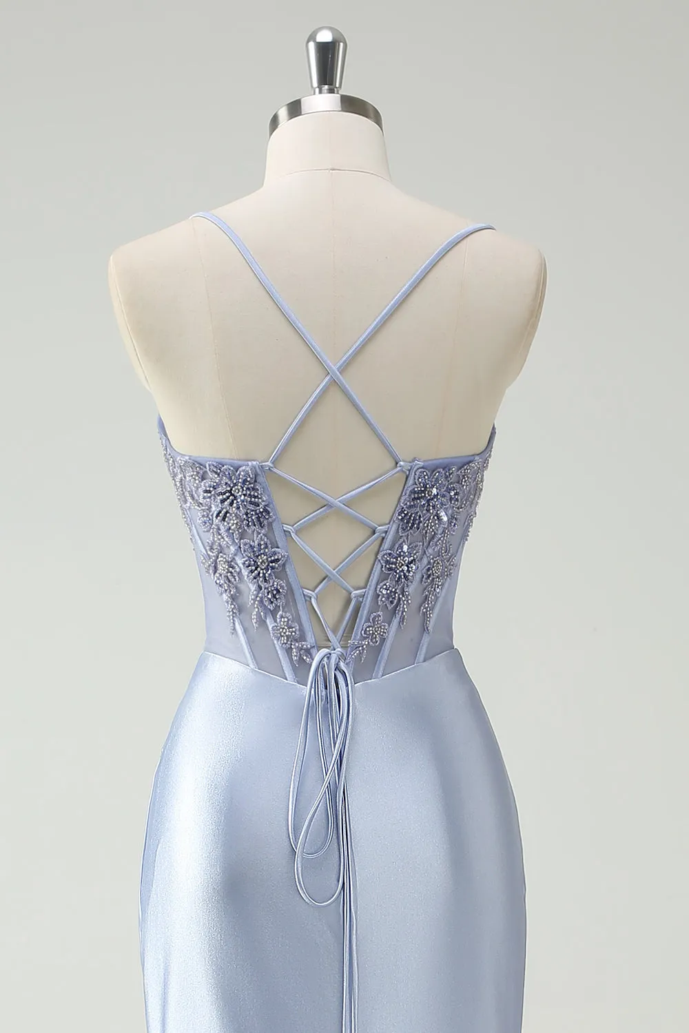 Light Blue Mermaid Spaghetti Straps Ruched Beaded Long Prom Dress with Slit sold by Wedtrend product image thumbnail 5