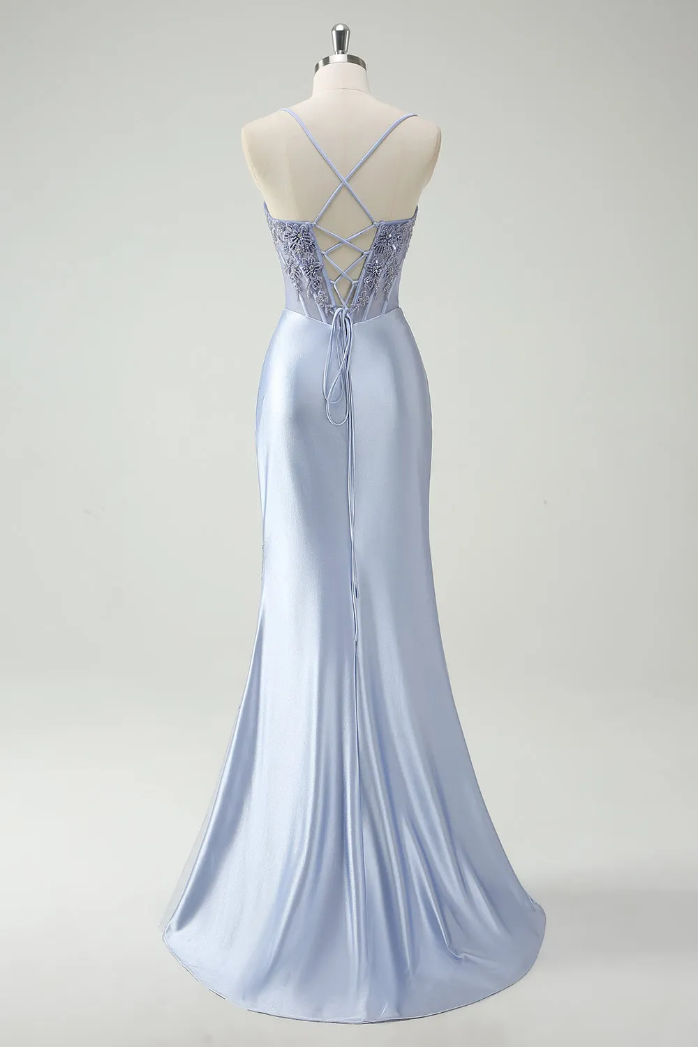 Light Blue Mermaid Spaghetti Straps Ruched Beaded Long Prom Dress with Slit sold by Wedtrend product image thumbnail 2