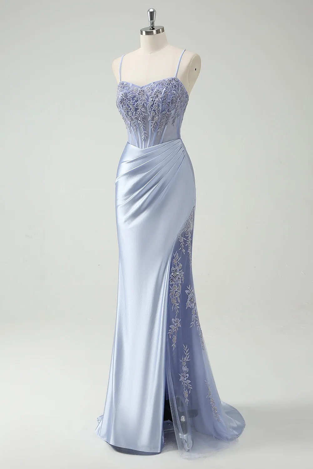 Light Blue Mermaid Spaghetti Straps Ruched Beaded Long Prom Dress with Slit sold by Wedtrend product image thumbnail 3
