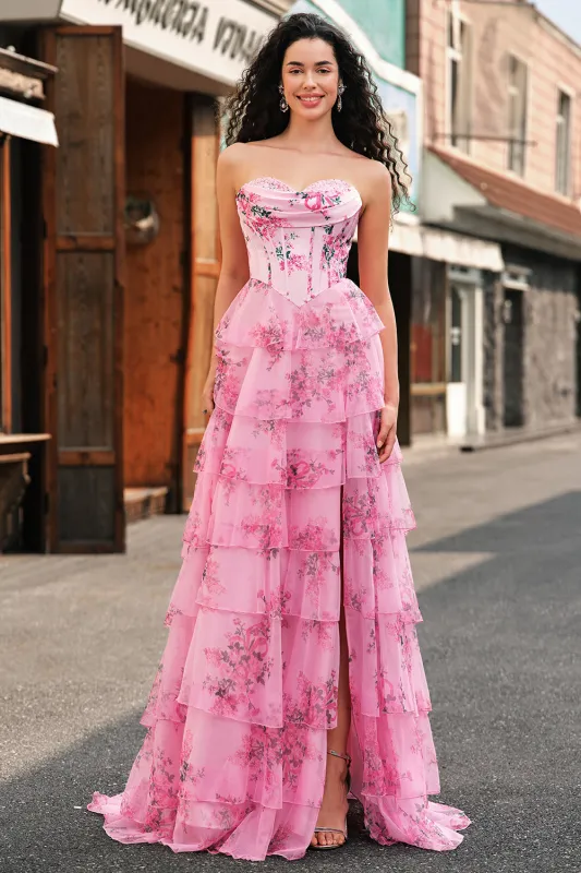 Blush A Line Strapless Corset Tiered Floral Long Prom Dress with Slit sold by Wedtrend