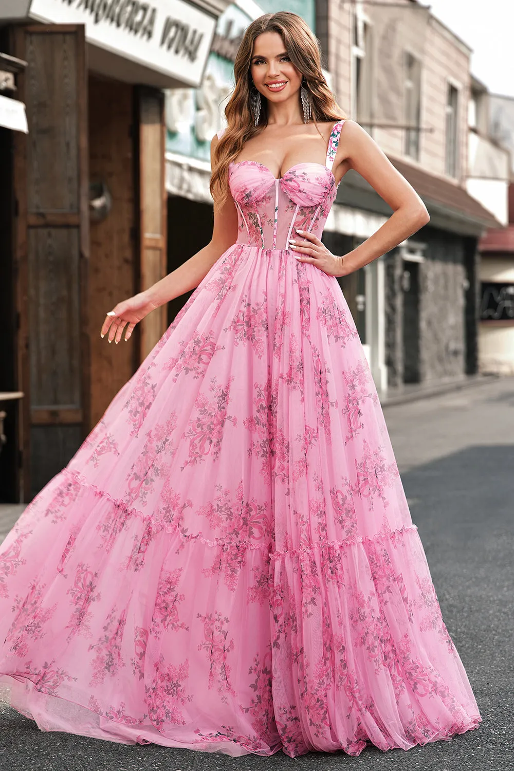 Blush Floral A Line Spaghetti Straps Corset Pleated Prom Dress sold by Wedtrend product image thumbnail 4