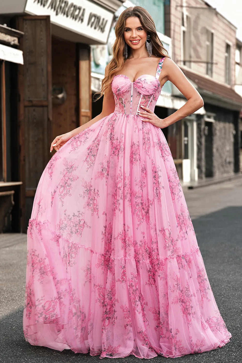 Blush Floral A Line Spaghetti Straps Corset Pleated Prom Dress sold by Wedtrend product image thumbnail 5