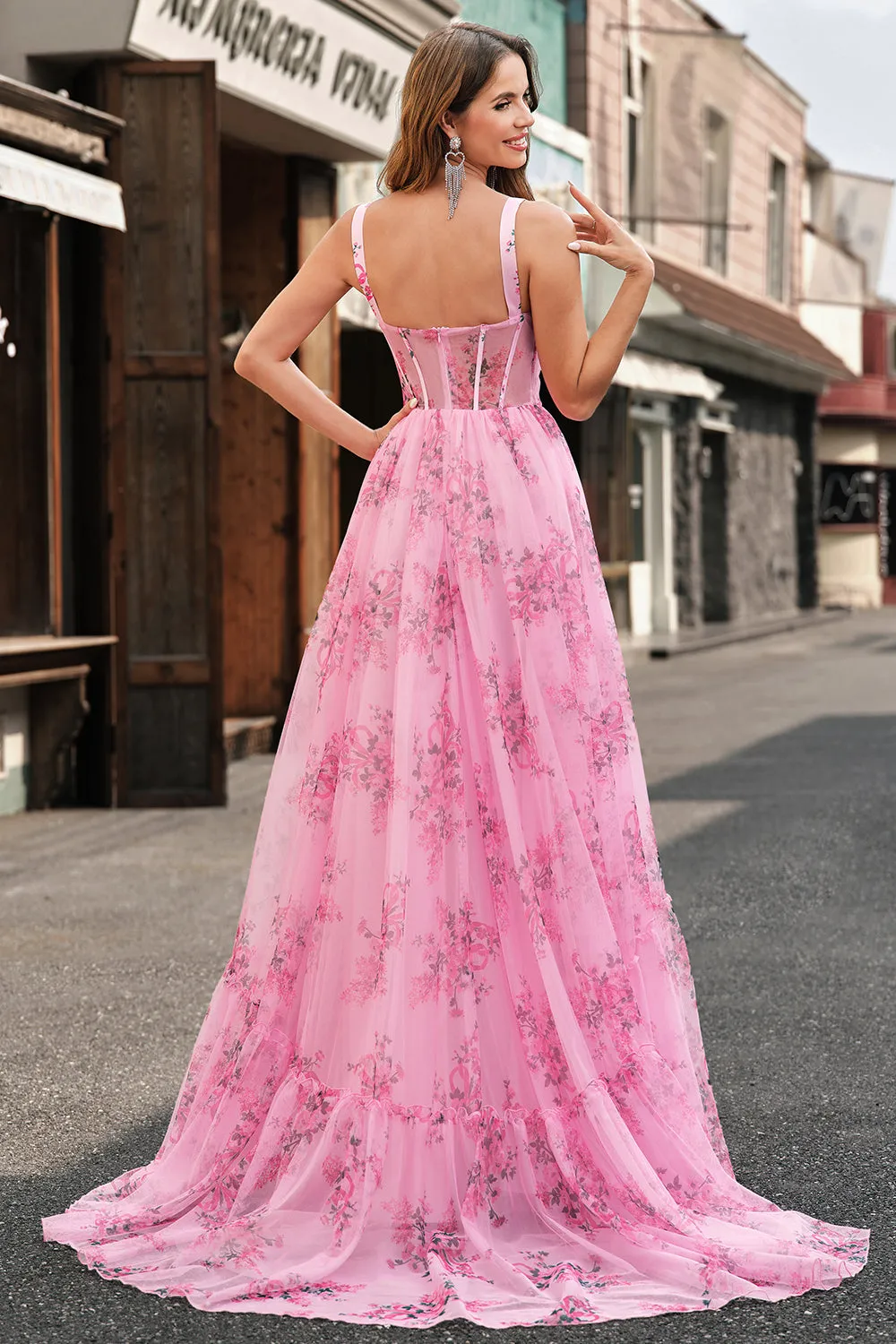 Blush Floral A Line Spaghetti Straps Corset Pleated Prom Dress sold by Wedtrend product image thumbnail 2
